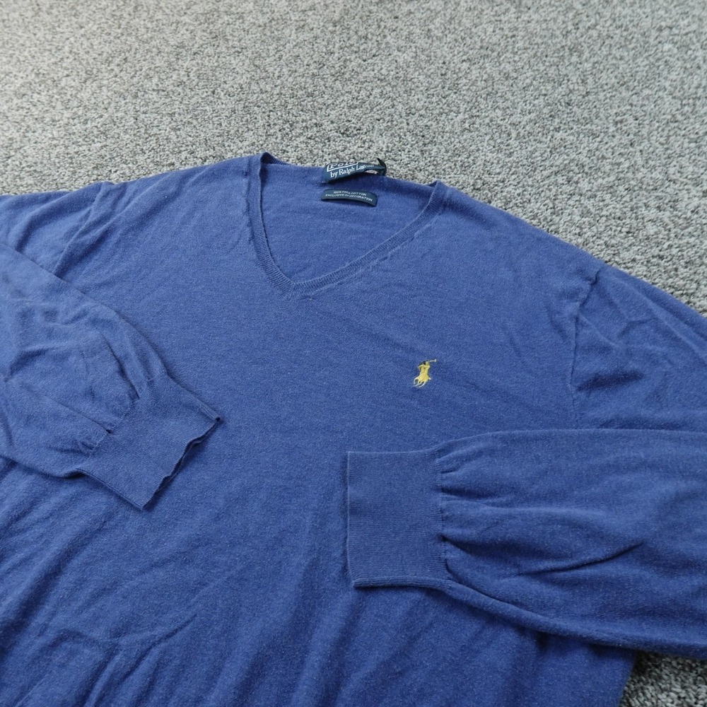 VTG Polo Ralph Lauren Sweater Mens XL Blue Pima Cotton V Neck Pullover Pony Logo